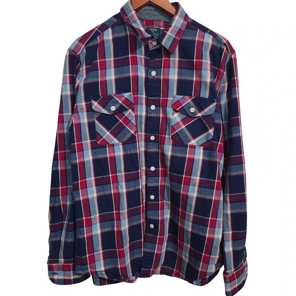 J Crew Heavyweight Flannel Button Down Long Sleeve Shirt Red Plaid Thick Men L